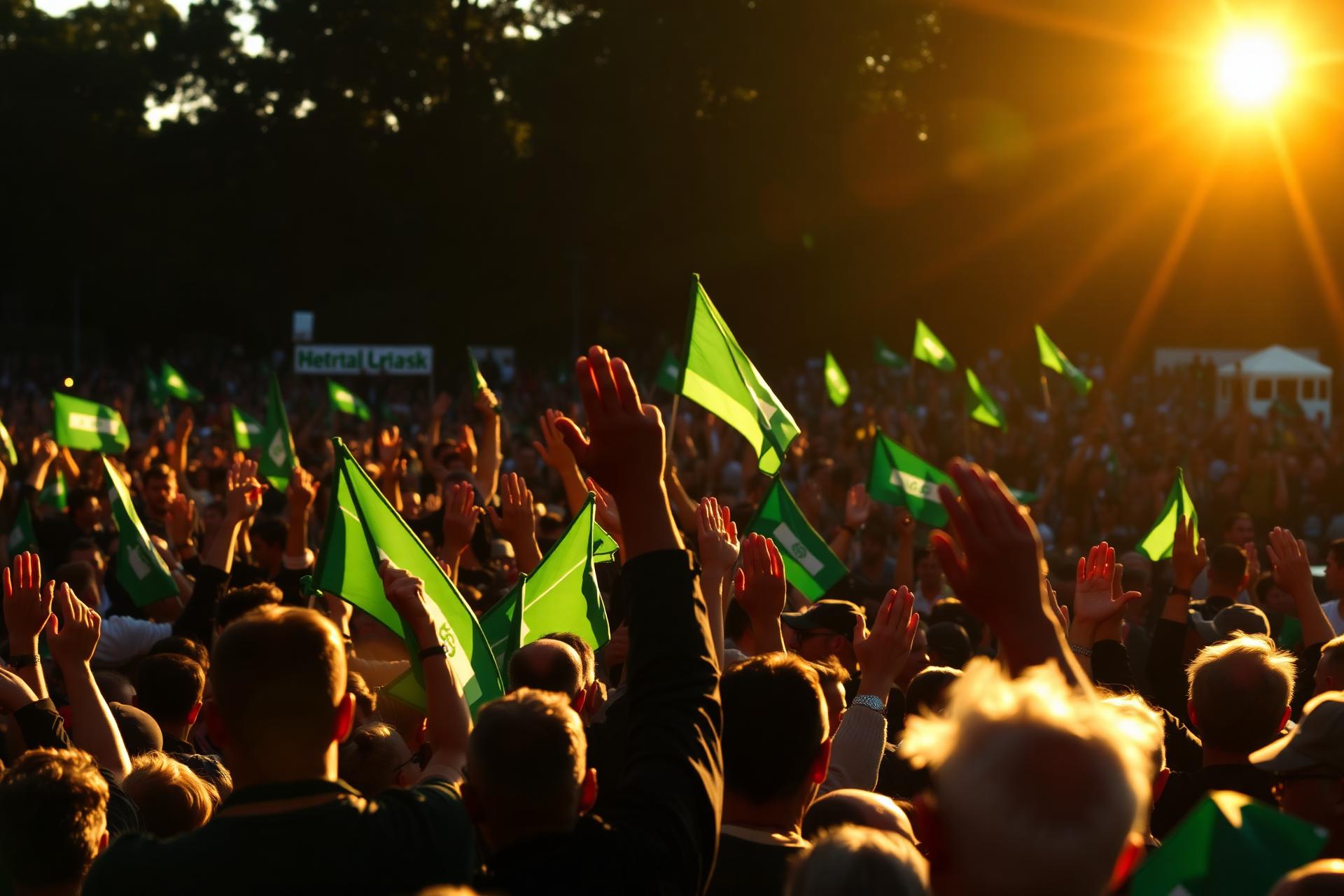 Supporters at a CJP rally at sunset